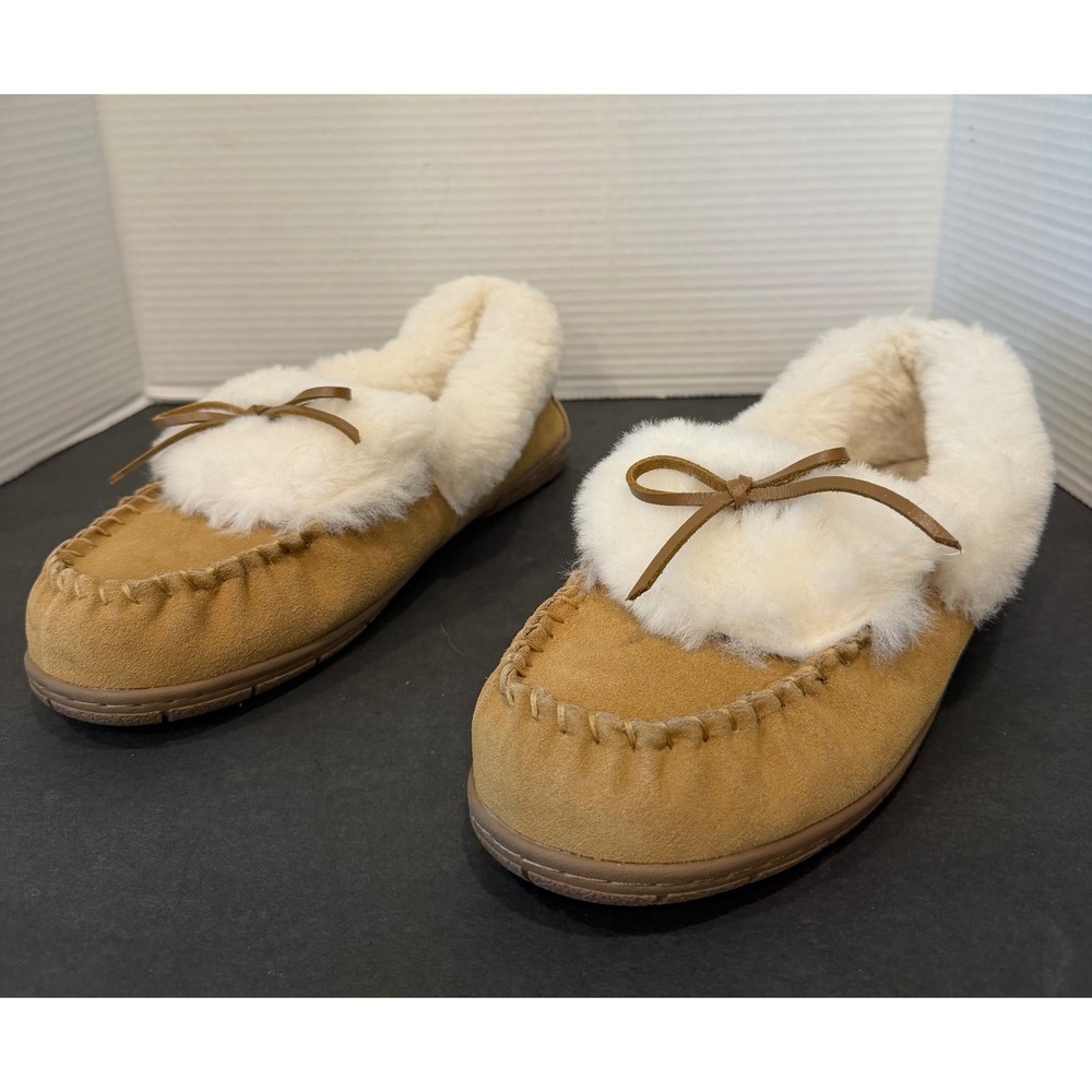 Land's End NWOT Tan Suede Faux Fur Bow Cozy Flat Moccasin Comfort Slippers Sz 11